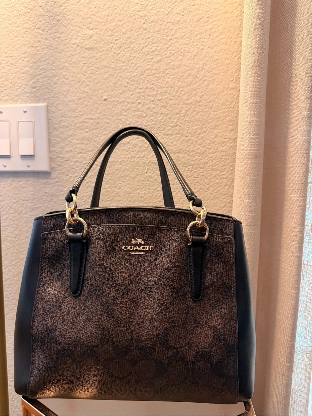 COACH Brown and Black Signature Satchel with Gold Hardware